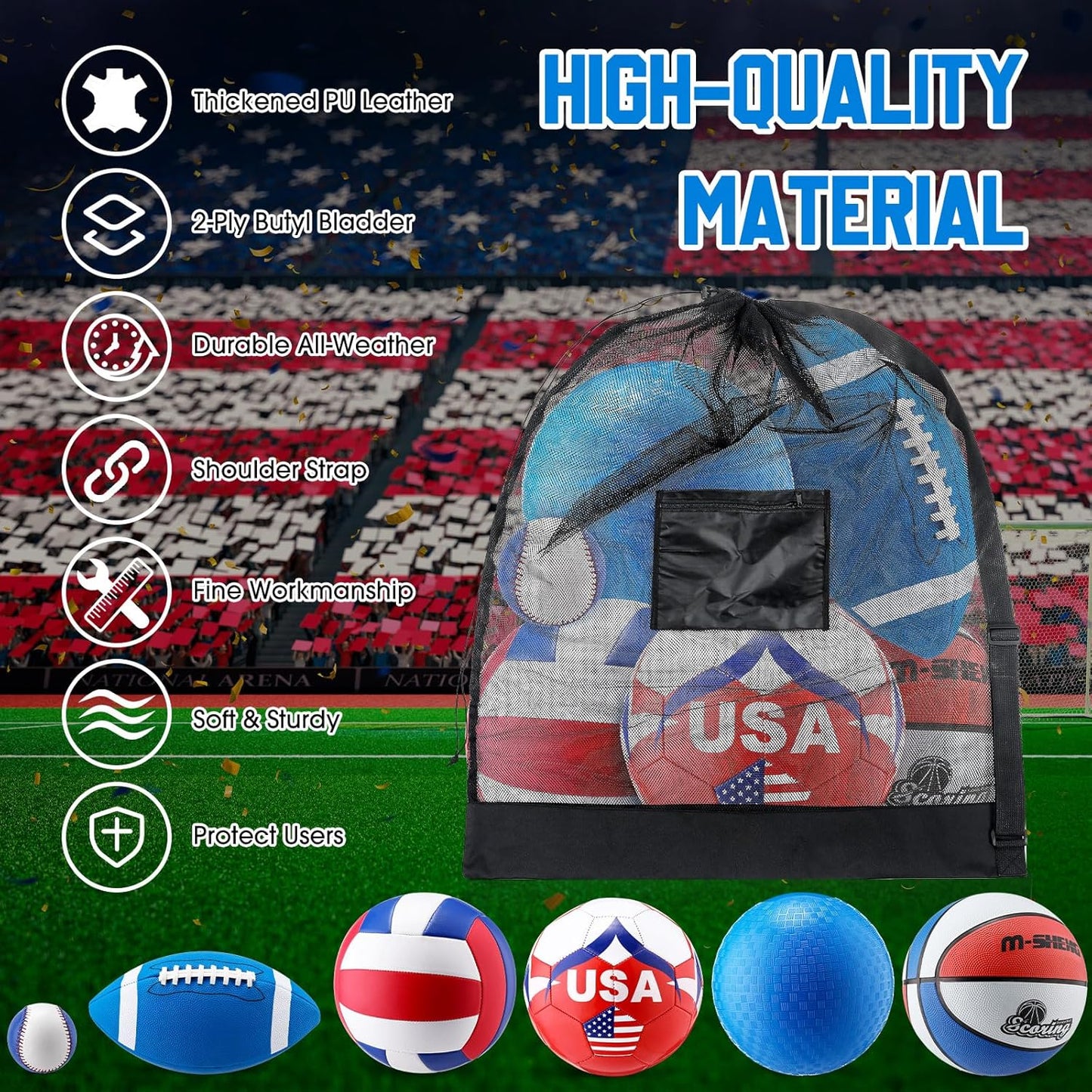 6 Pcs Multi Sport Ball Set Official Size Football, Basketball, Soccer, Volleyball, Playground Ball, Baseball with Equipment Bag Pump for Teen Adult Sport Gift Back to School