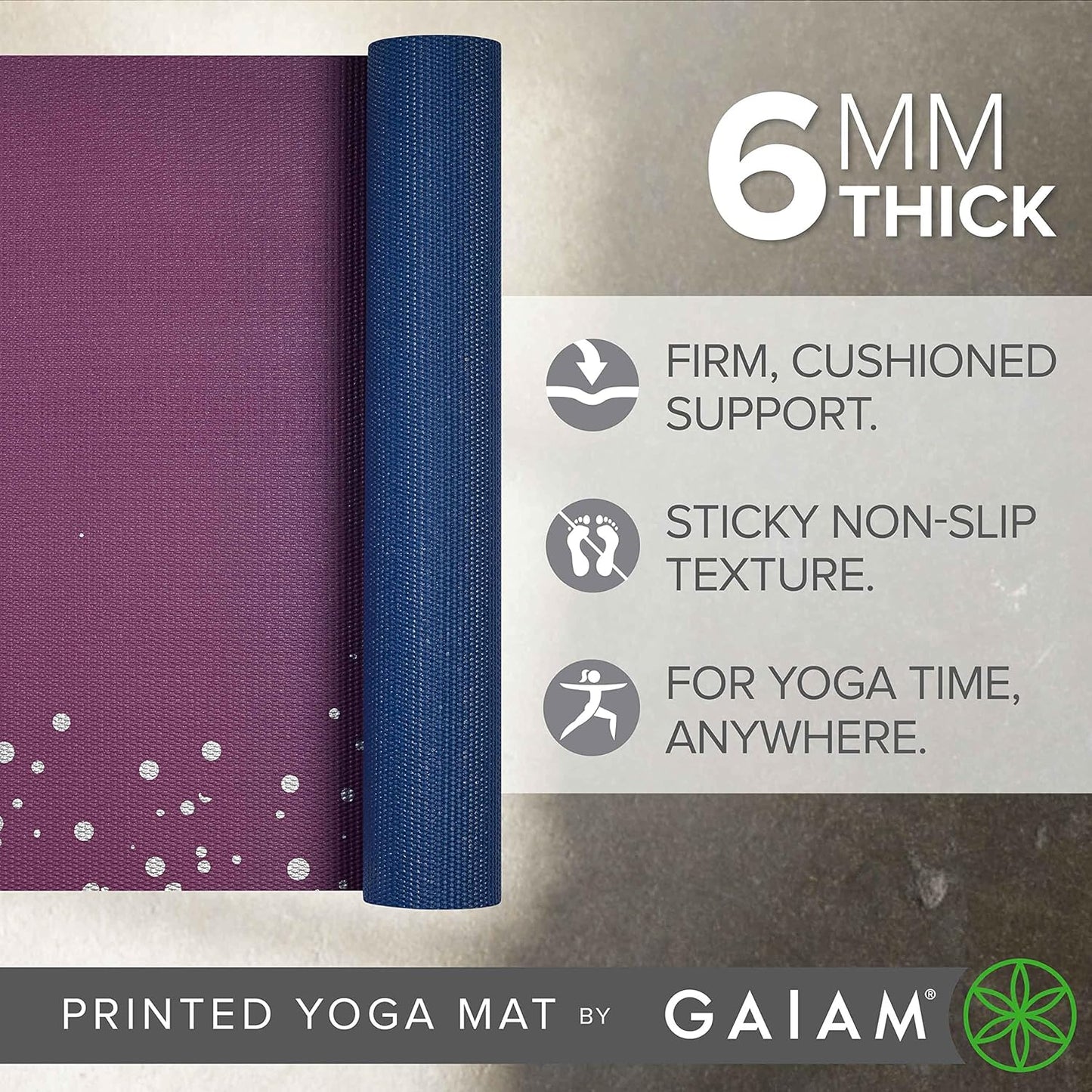 Gaiam Yoga Mat - Premium 6mm Print Extra Thick Non Slip Exercise & Fitness Mat for All Types of Yoga, Pilates & Floor Workouts (68"L x 24"W x 6mm Thick)