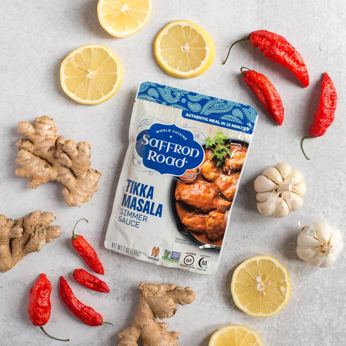 Saffron Road Simmer Sauce Variety Pack | Tikka Masala, Lemongrass Basil, Coconut Curry, and Sweet & Sour | Vegetarian, Non-GMO, Halal, and Kosher | 7.0oz Pouch | Pack of 4