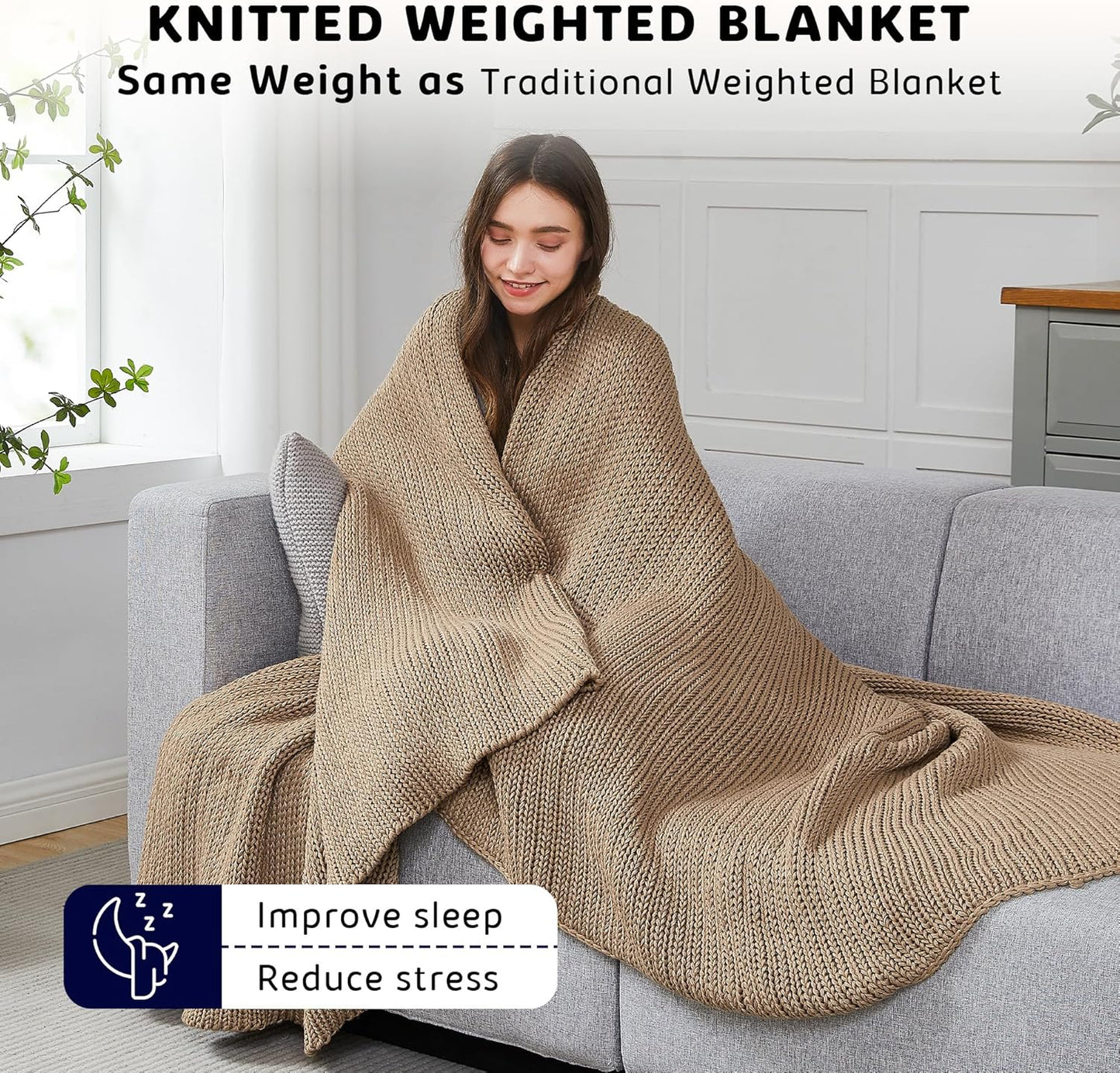 L'AGRATY Knitted Weighted Blanket - 50"x60" 7lbs Cooling Chunky Knit Heavy Blanket for Adults Braided Crochet Throw Thick Cable Yarn Knit Decorative No Beads Evenly Weighted Machine Washable