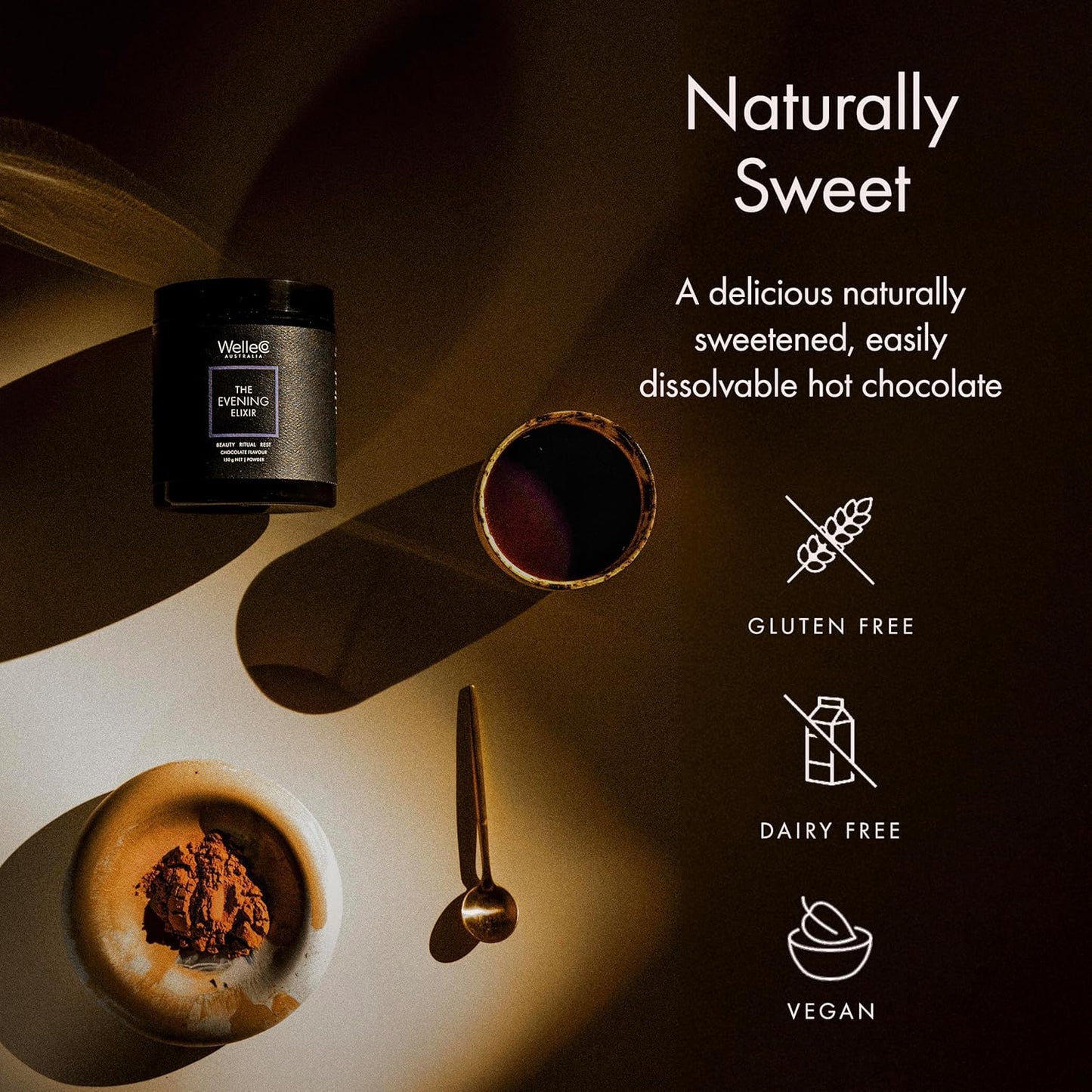 WelleCo The Evening Elixir Skin Care Vitamin C Hot Chocolate Beauty Drink Mix with Niacin, Lemon Balm, and Magnesium for Sleep, Collagen Formation, Gluten Free, Vegan, Dairy Free, 150g (5.3oz) Jar