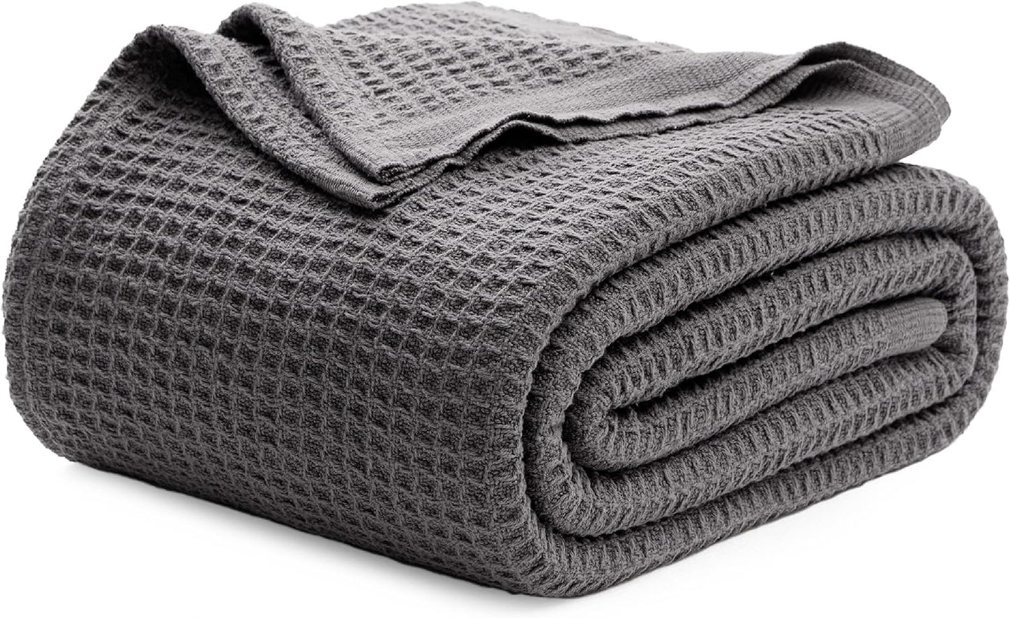 Bedsure 100% Cotton Blanket Queen Size for Bed - Breathable and Soft, Waffle Weave Blanket for Summer, Thick Cozy Fall Blankets for Women Gift, Dark Grey, 90x90 Inches