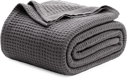 Bedsure 100% Cotton Blanket Queen Size for Bed - Breathable and Soft, Waffle Weave Blanket for Summer, Thick Cozy Fall Blankets for Women Gift, Dark Grey, 90x90 Inches