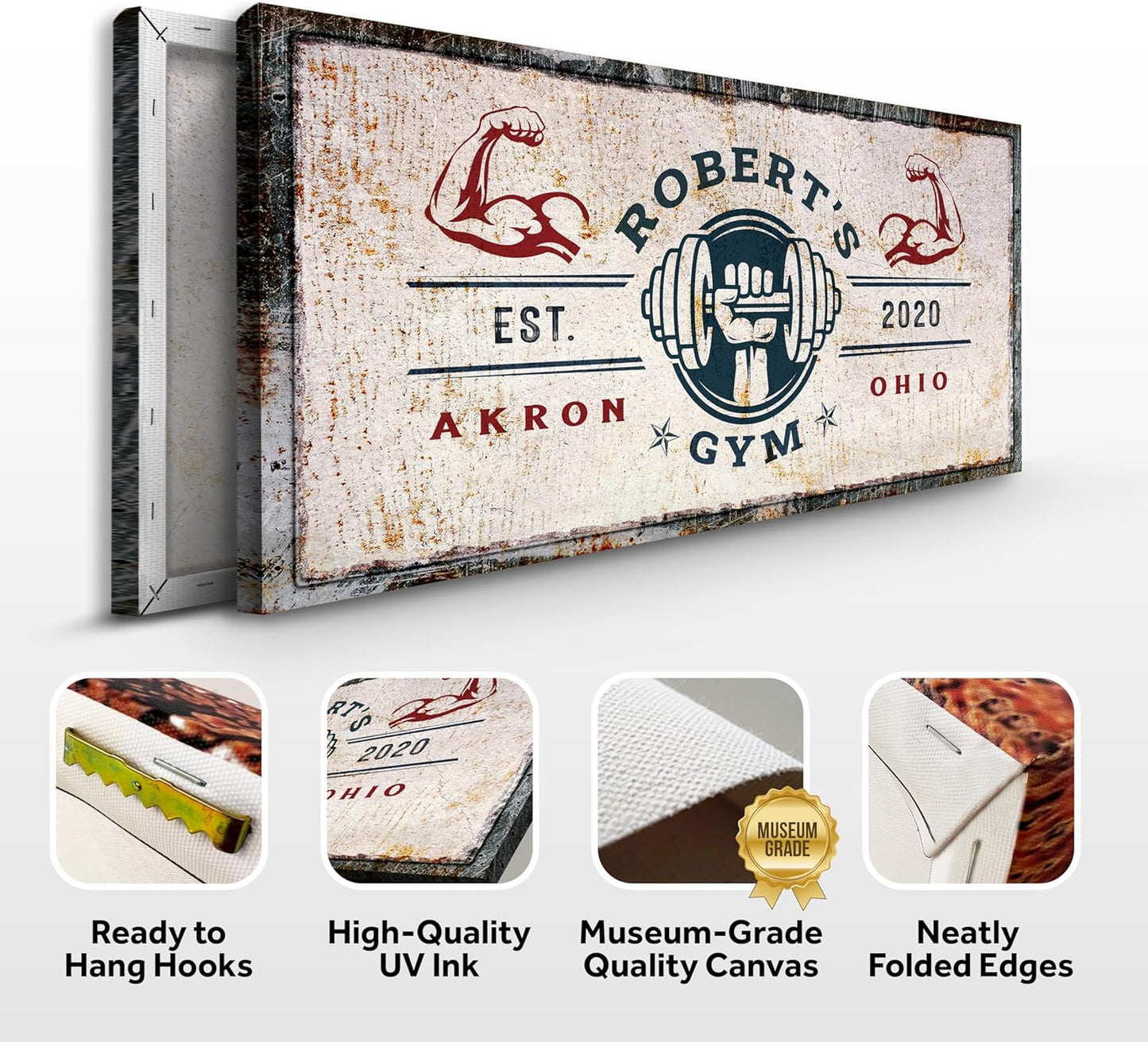 Tailored Canvases Personalized Gym Sign Wall Art Decor - Motivational Canvas for Home Gym, Workout Room, Garage, Fitness Center - Workout Inspirational Posters - One Hand with Dumbbell on Rustic, 60x30in