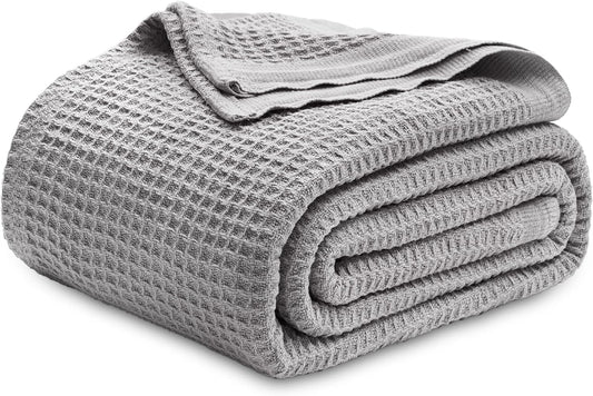 Bedsure 100% Cotton Blanket King Size for Bed - Breathable and Soft, Waffle Weave Blanket for Summer, Thick Cozy Fall Blankets for Women Gift, Grey, 104x90 inches