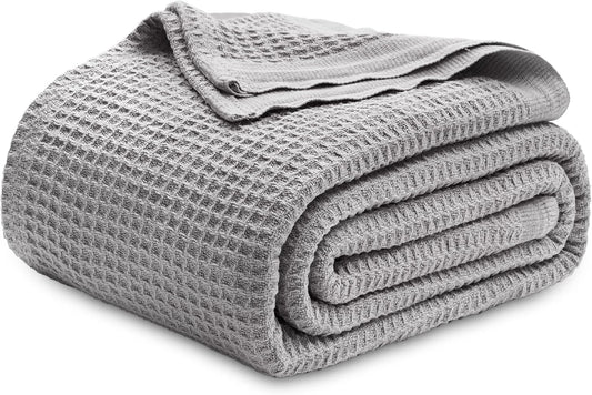 Bedsure 100% Cotton Blanket Queen Size for Bed - Breathable and Soft, Waffle Weave Blanket for Summer, Thick Cozy Fall Blankets for Women Gift, Grey, 90x90 Inches