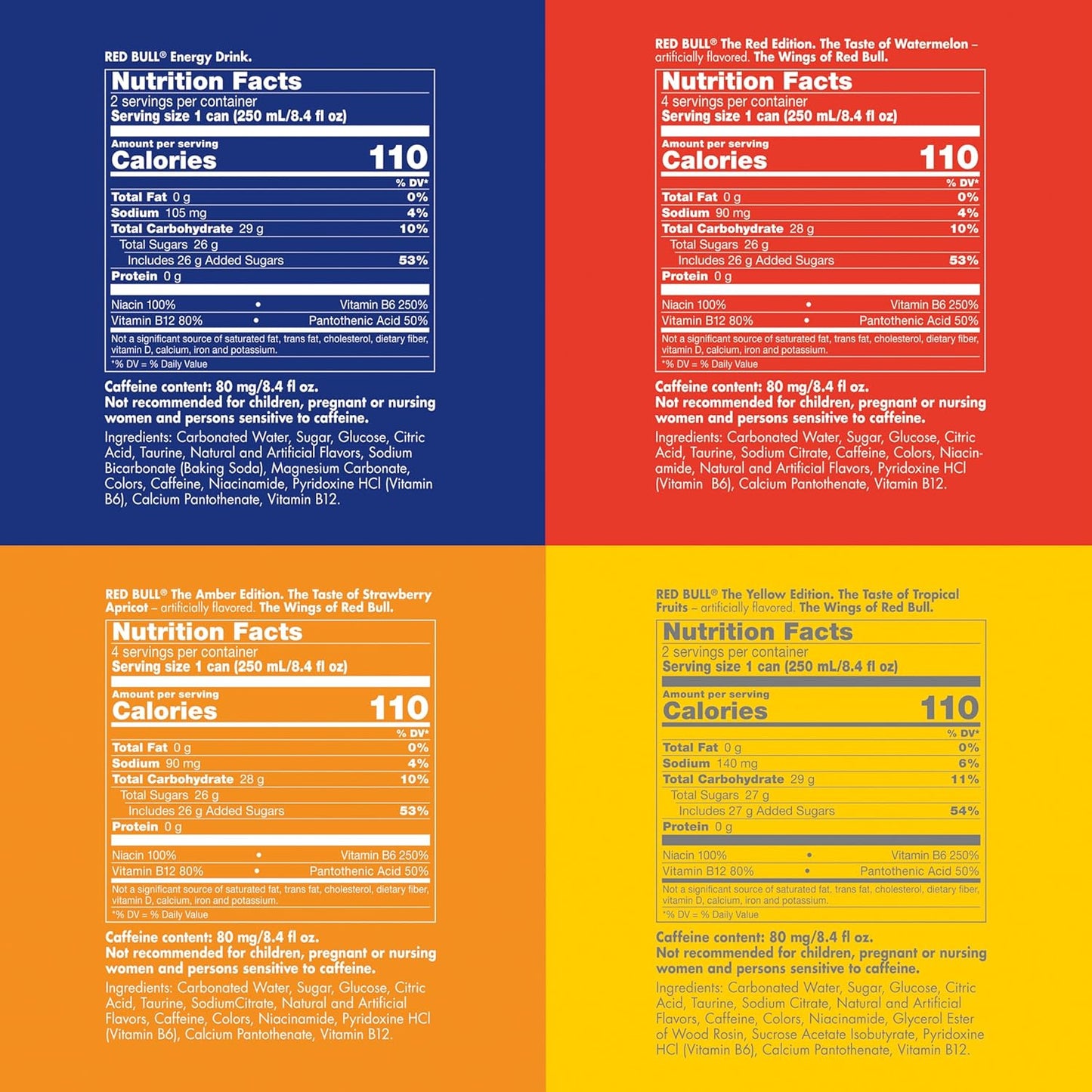 Red Bull Energy Drink Variety Pack, Red, Yellow & Amber, with 80mg Caffeine plus Taurine & B Vitamins, 8.4 Fl Oz, Pack of 24 Cans