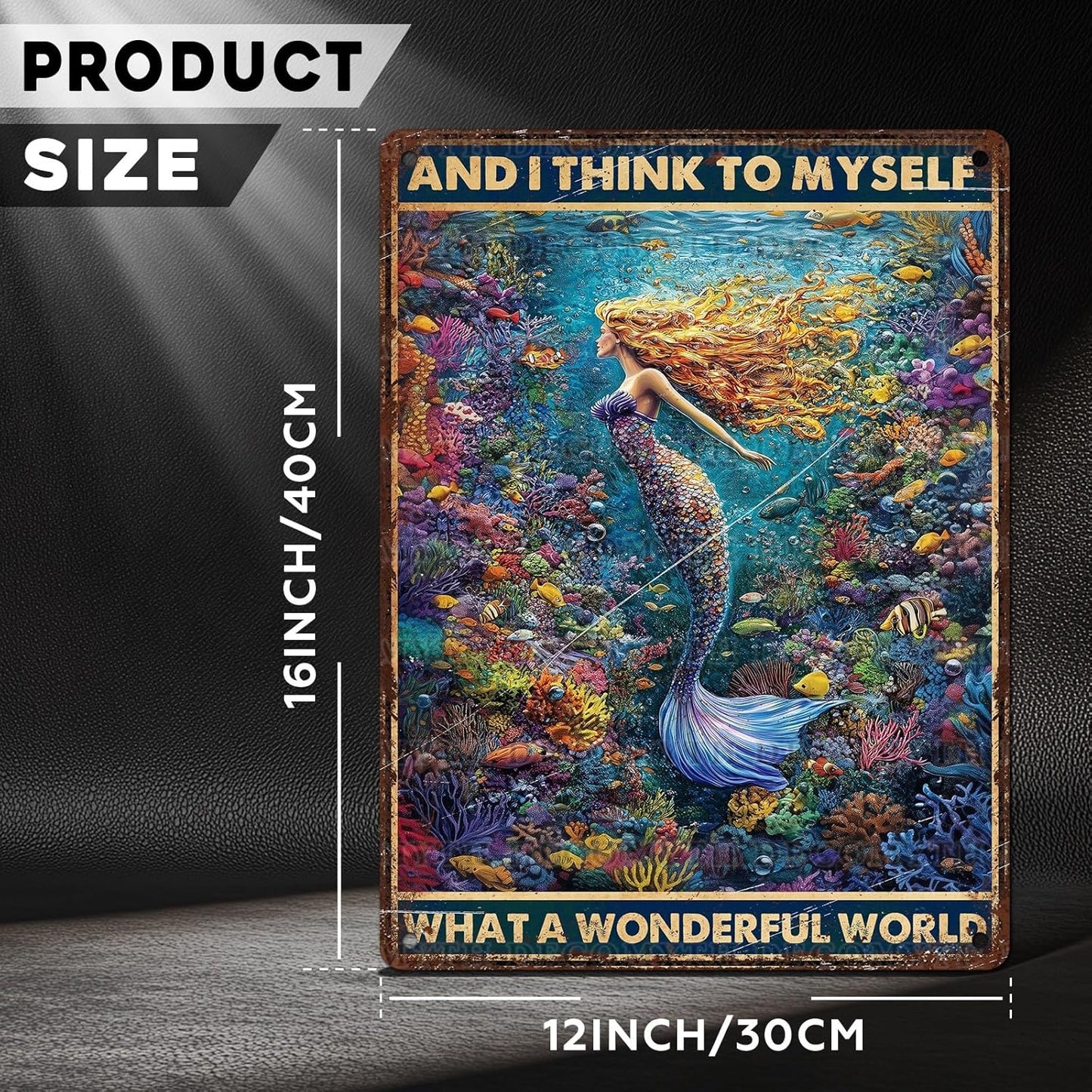 Retro Mermaid Tin Sign And I Think to Myself What a Wonderful World Vintage Metal Poster Funny Wall Art Toilet Bathroom Man Cave Bar Cafe Indoor Room Garage 12 * 16inch