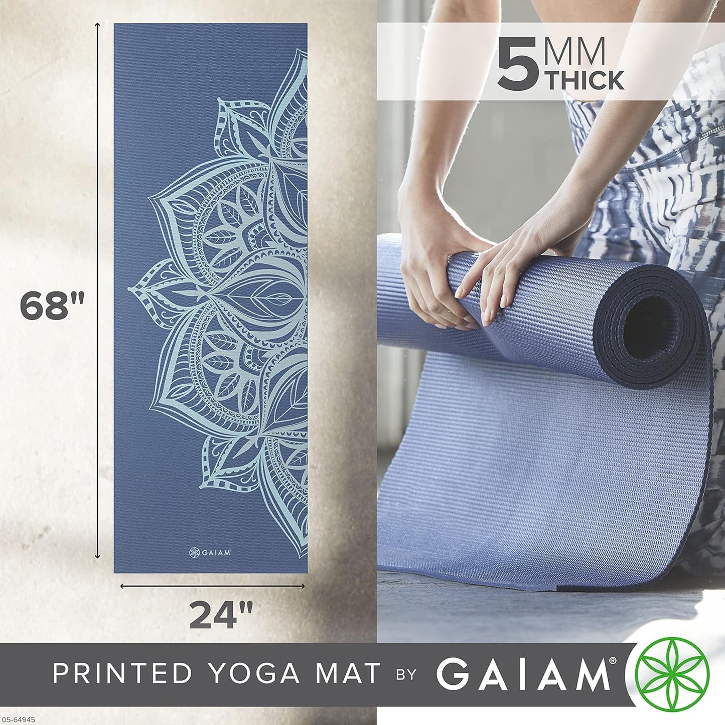 Gaiam Yoga Mat - Premium 5mm Print Thick Non Slip Exercise & Fitness Mat for All Types of Yoga, Pilates & Floor Workouts (68" x 24" x 5mm)