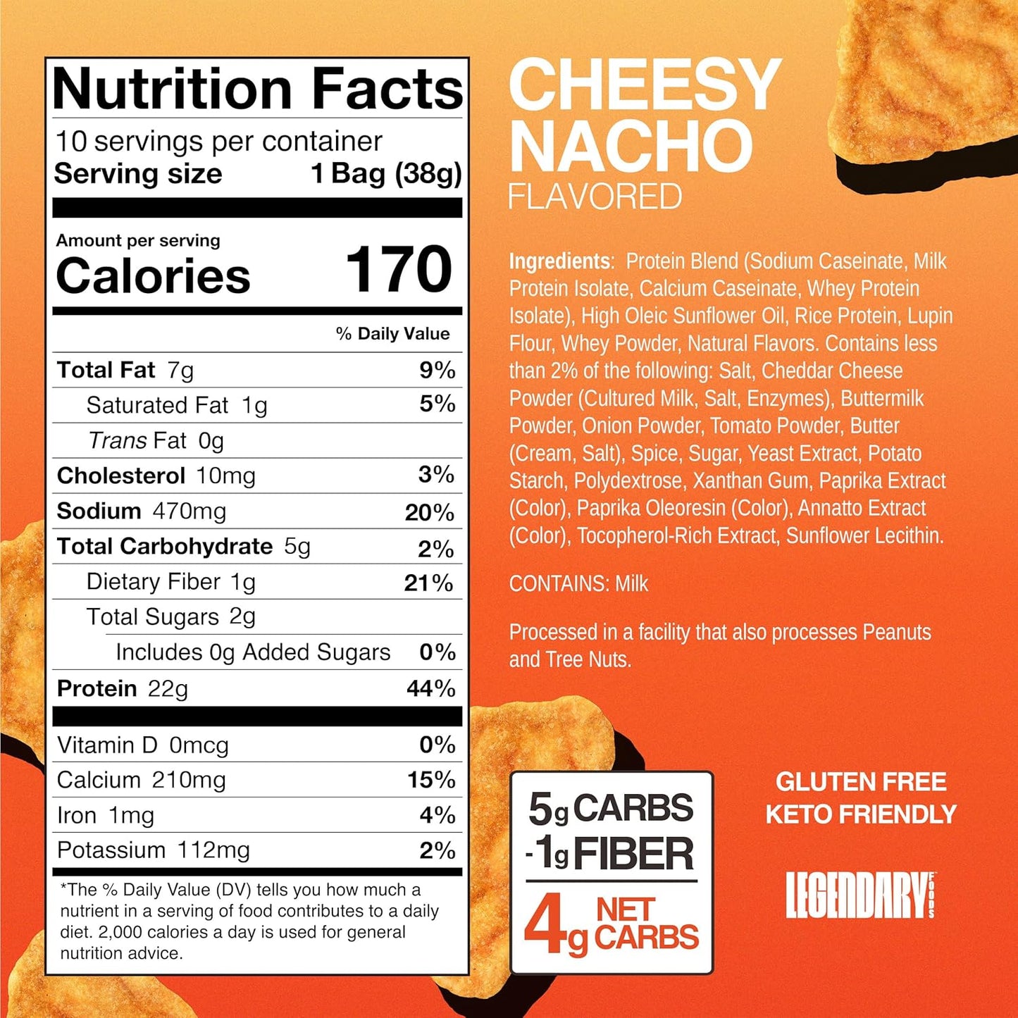 Legendary Foods Cheesy Nacho Protein Chips – Popped Tortilla Style – 22g High Protein, 4g Net Carbs, Low Sugar, Gluten Free, Keto Snack Packs – 10 Count – Healthy Crunchy Chips