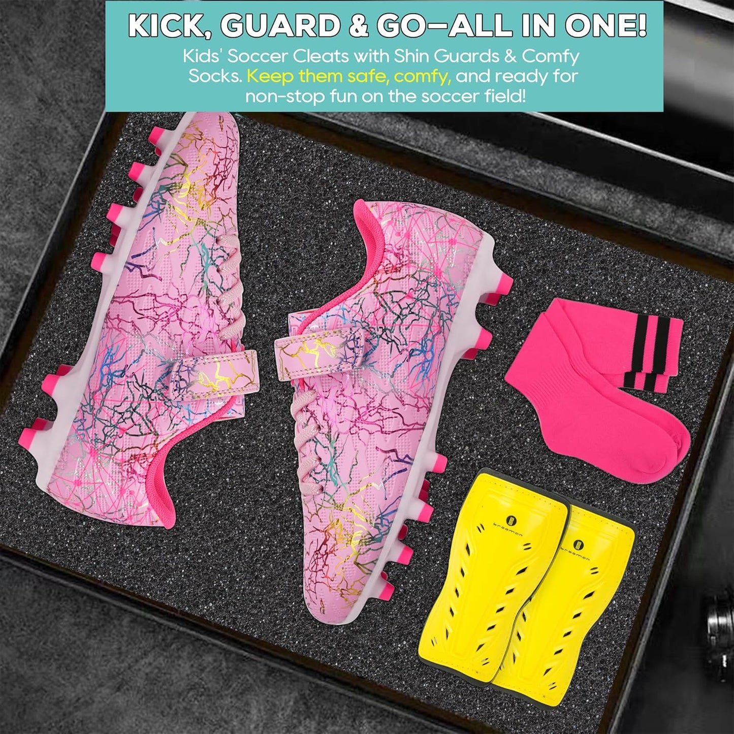 brooman Kids Firm Ground Soccer Cleats Girls Football Cleats with Shin Guards and Soccer Socks