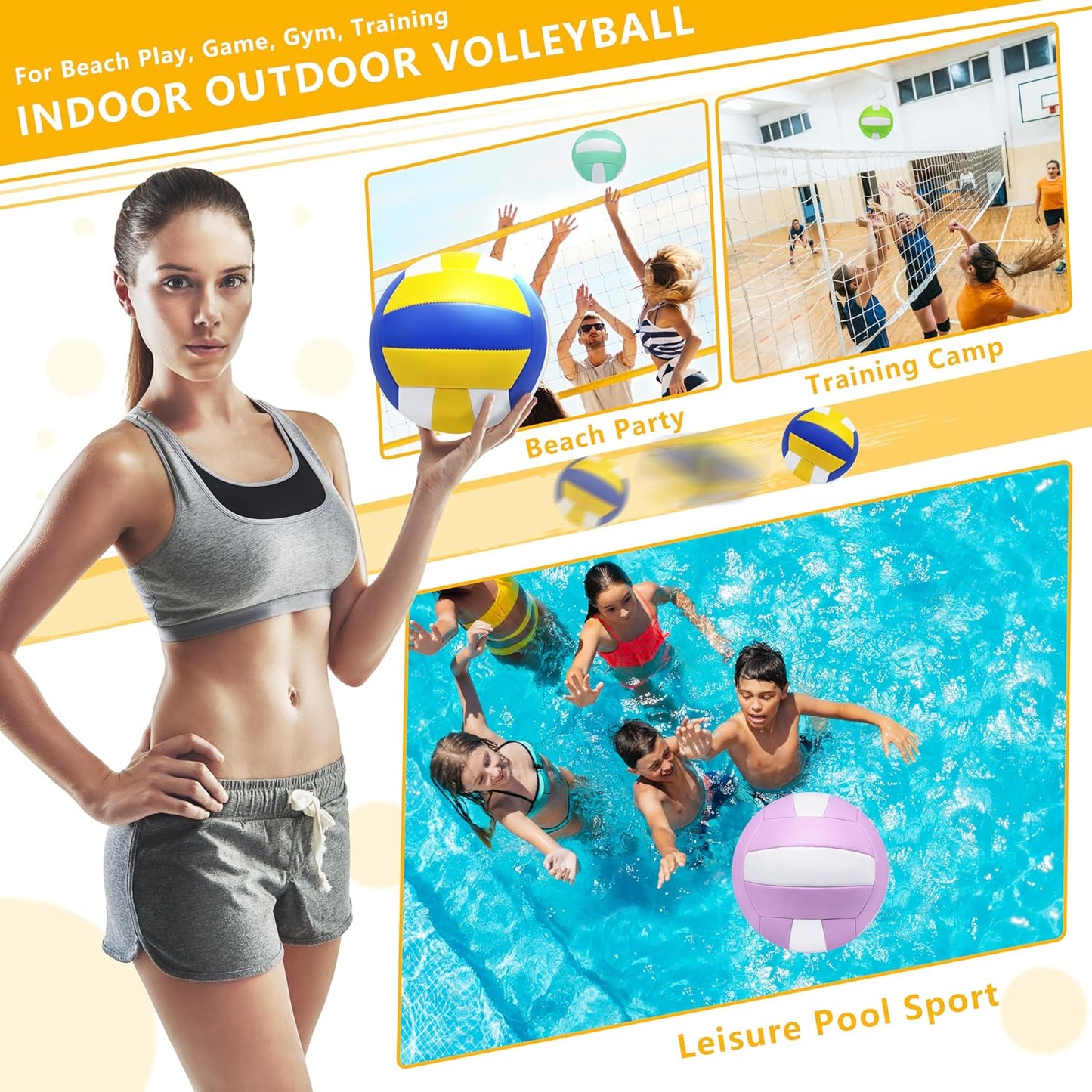 Magicorange Volleyball, 6 Pack Official Size 5 Volleyballs- PU Leather Indoor Outdoor Soft Touch Recreational Volleyballs for Beach Play, Game,Gym,Training -Includes Ball Pump