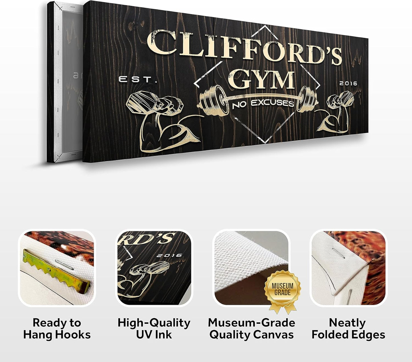 Tailored Canvases Personalized Gym Sign Wall Art Decor - Motivational Canvas for Home Gym, Workout Room, Garage, Fitness Center - Workout Inspirational Posters - Gym Name on Wooden Background, 48x16in