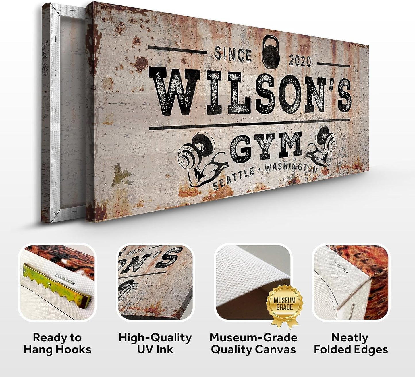 TAILORED CANVASES Personalized Gym Sign Wall Art Decor - Motivational Canvas s for Home Gym, Workout Room, Garage, Fitness Center - Workout Inspirational Posters - Kettlebell on Rustic, 20x10in