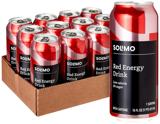 Amazon Brand - Solimo Red Energy Drink, Sugar-Free, Vegan, Low-Calorie, 16 fl oz (Pack of 12)