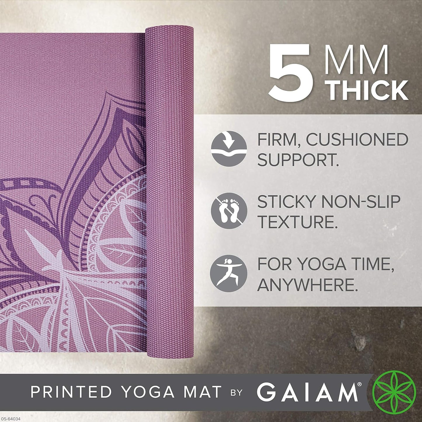 Gaiam Yoga Mat - Premium 5mm Print Thick Non Slip Exercise & Fitness Mat for All Types of Yoga, Pilates & Floor Workouts (68" x 24" x 5mm)