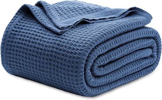 Bedsure 100% Cotton Blanket Queen Size for Bed - Breathable and Soft, Waffle Weave Blanket for Summer, Thick Cozy Fall Blankets for Women Gift, Navy, 90x90 Inches