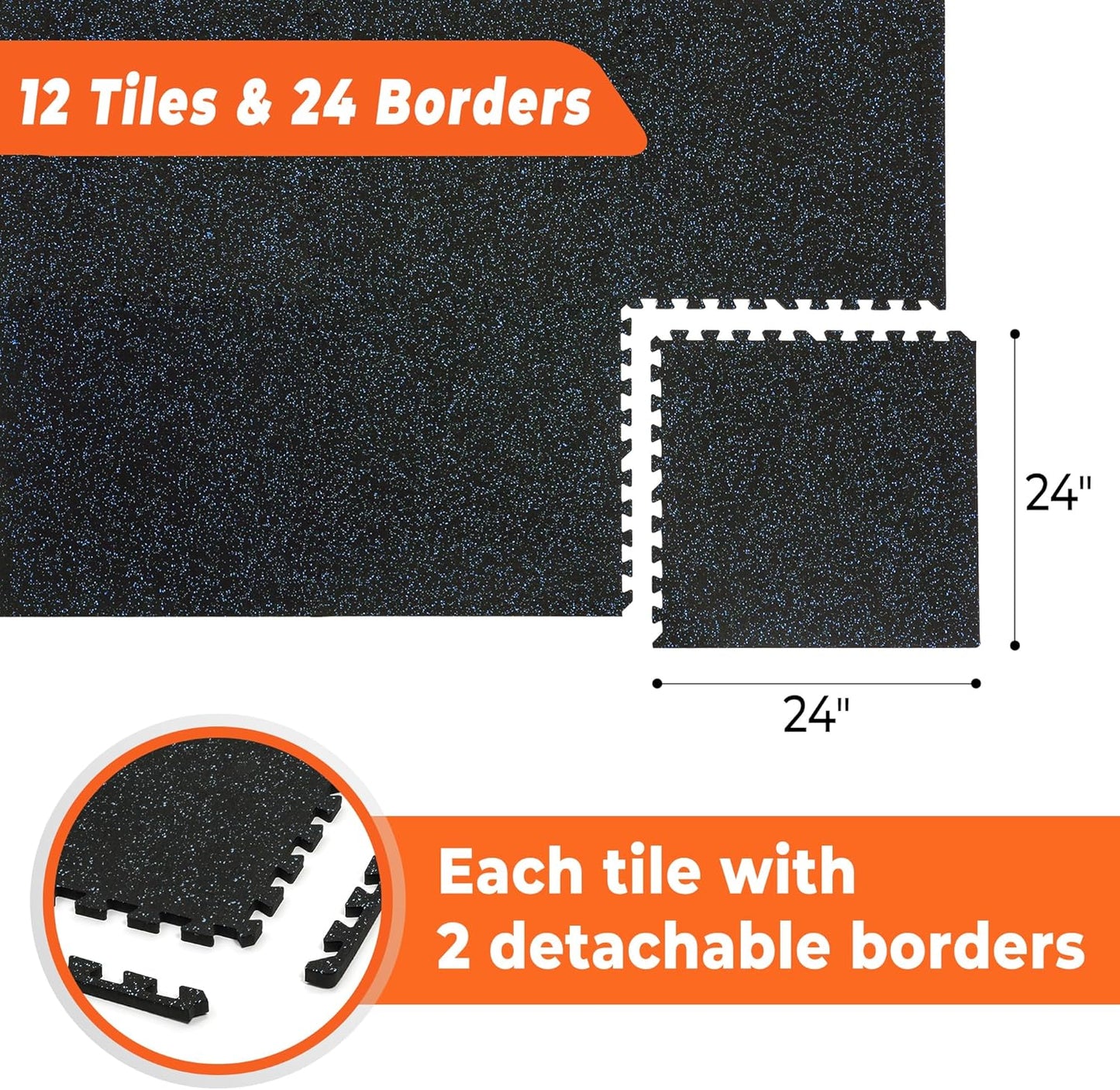 SUPERJARE 0.4'' Thick 12 Pcs 48 Sq Ft Rubber Top Exercise Equipment Mats, High Density EVA Foam Mats with Rubber Top, Interlocking Gym Flooring for Home Gym, Protective Workout Mat, Black/Blue