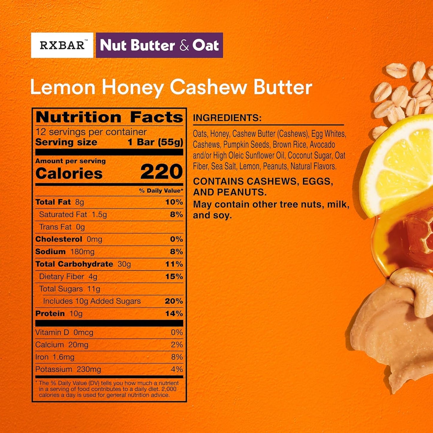 RXBAR Nut Butter and Oat Protein Bars, Protein Snacks, Snack Bars, Lemon Honey Cashew Butter, 23.2oz Box (12 Bars)
