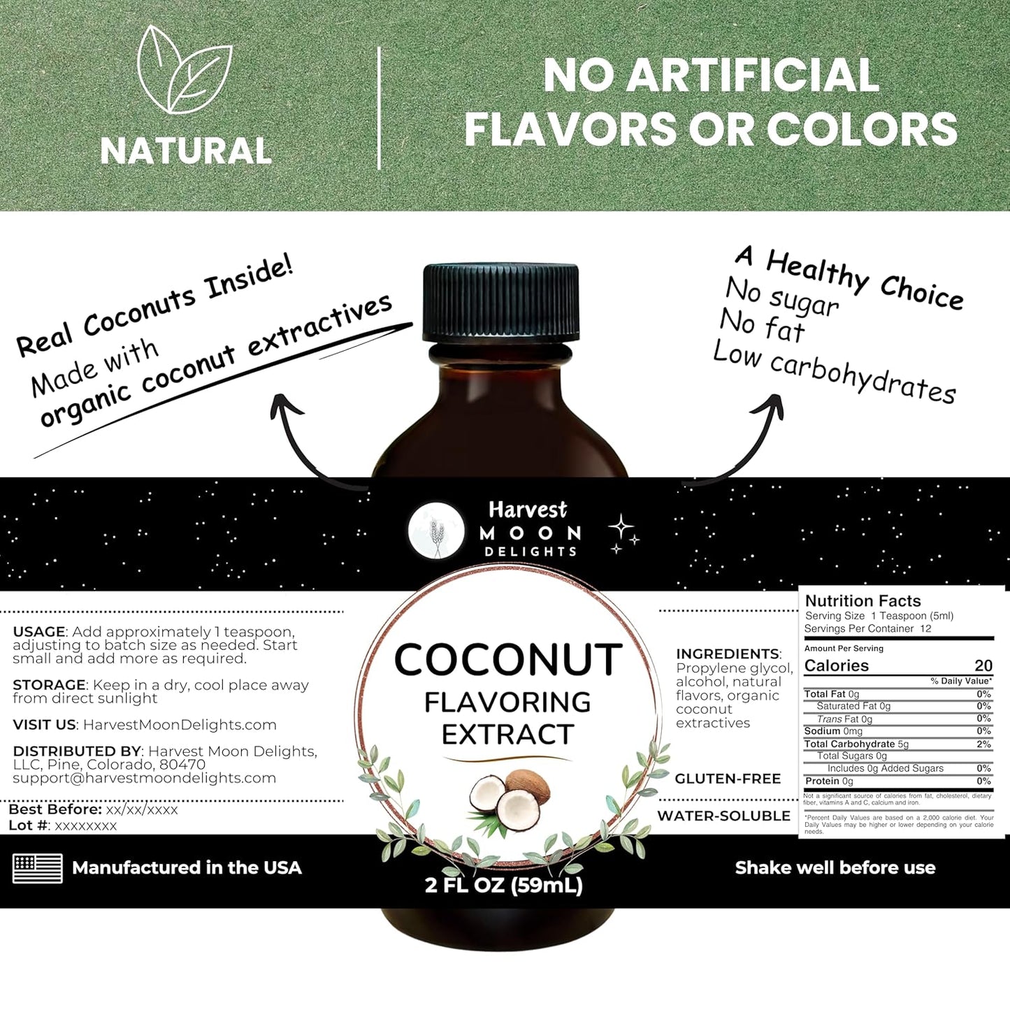 Natural Coconut Extract - 2 oz - Water-Soluble - By Harvest Moon Delights - Coconut Extract for Baking, Ice Cream, Drinks, and Candy - Flavoring - Sugar Free