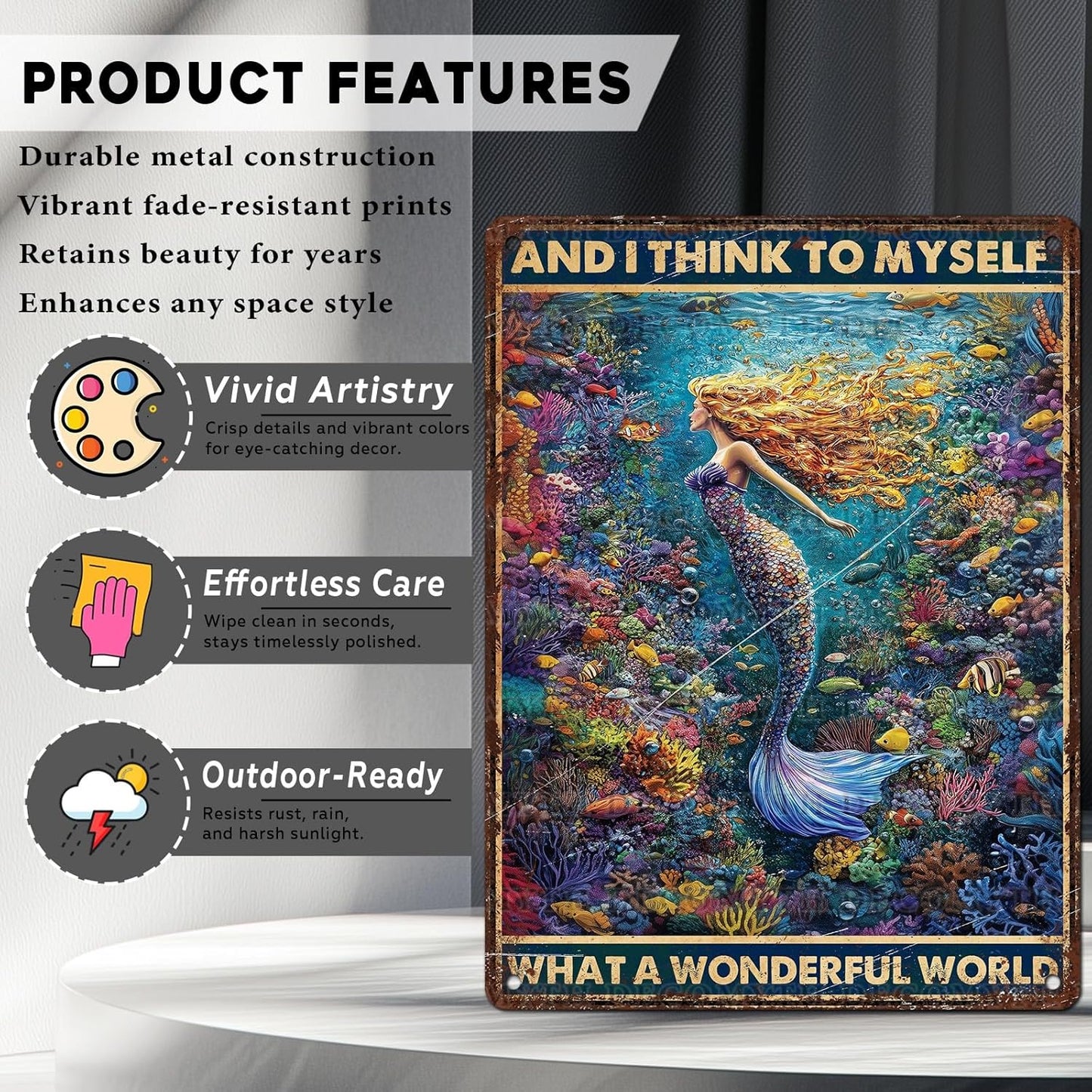 Retro Mermaid Tin Sign And I Think to Myself What a Wonderful World Vintage Metal Poster Funny Wall Art Toilet Bathroom Man Cave Bar Cafe Indoor Room Garage 12 * 16inch