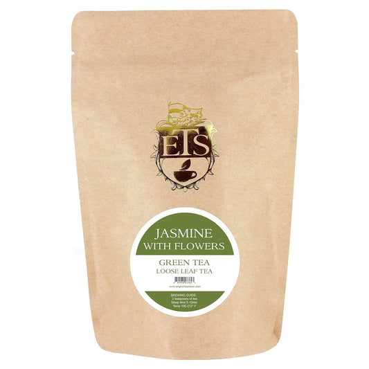 Jasmine with Flowers Green Tea | Loose Leaf Green Tea from Fujian Province | Fragrant Floral Aroma | Light & Smooth Steamed Tea | 4oz Resealable Pouch | Relaxing Herbal Tea | Natural Jasmine Scent