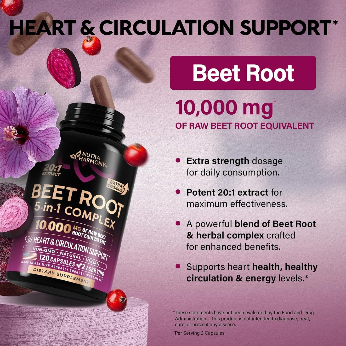 Beet Root Capsules - Healthy Blood Pressure Support Supplement** for Heart & Circulation Support - with Hawthorn Berry, Hibiscus & Garlic - Nitric Oxide for Energy - Made in USA, 120 Capsules