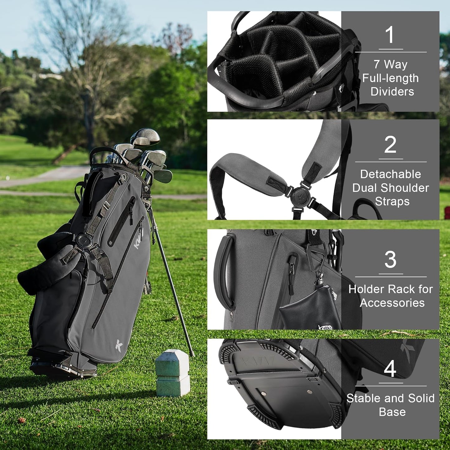 KVV Lightweight Golf Stand Bag with 7 Way Full-Length Dividers, 5 Zippered Pockets, Automatically Adjustable Dual Straps，Elegant Design