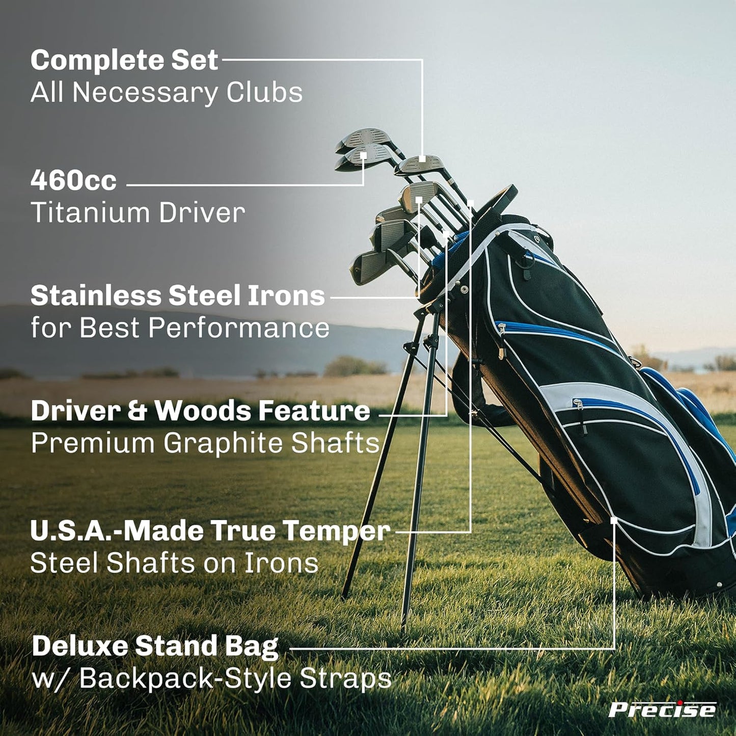Precise S7 Men's Complete Right Handed Golf Club Set | Complete Regular & Tall Mens Golf Clubs Set | with 4 HC's, Lightweight Shafts & Spacious Stand Bag w/Storage Pockets & Dual Straps for Carrying