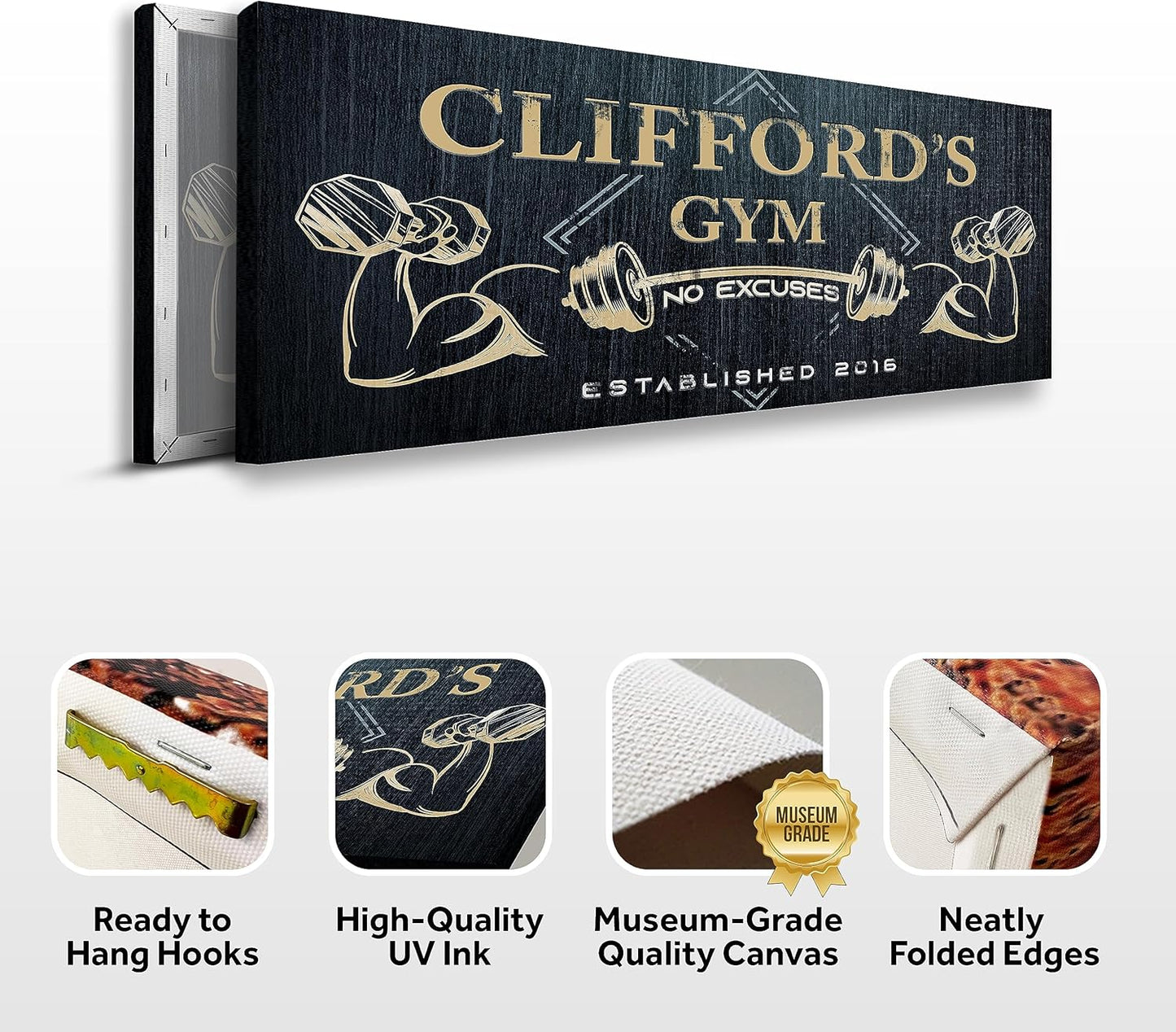 Tailored Canvases Personalized Gym Sign Wall Art Decor - Motivational Canvas for Home Gym, Workout Room, Garage, Fitness Center - Workout Inspirational Posters - Gym Name on Charcoal Background, 36x12in