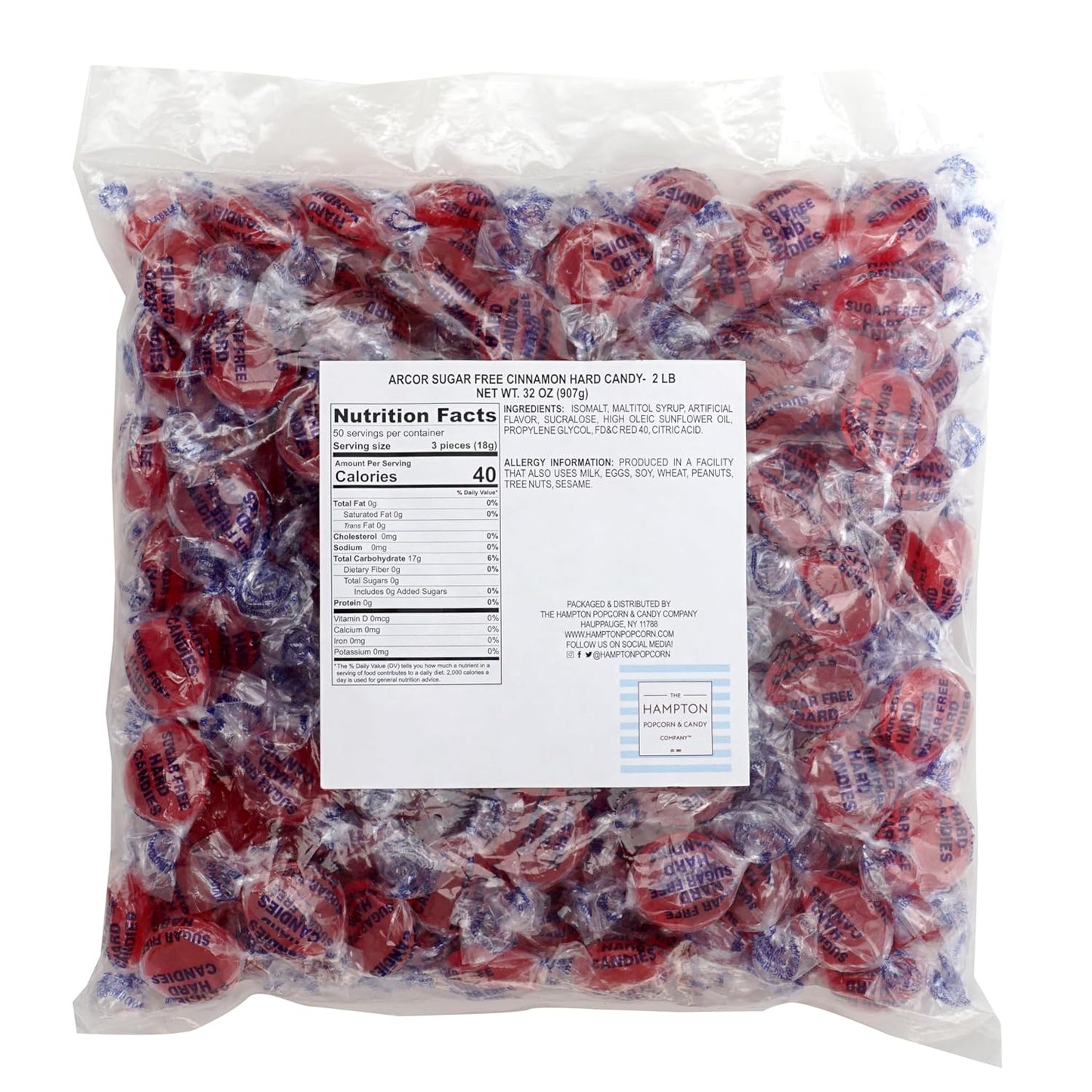 Arcor Sugar Free Cinnamon Discs, 2 Pound Bulk Bag (Approx. 140 Pieces), Individually Wrapped Hard Candy, The Hampton Popcorn & Candy Company