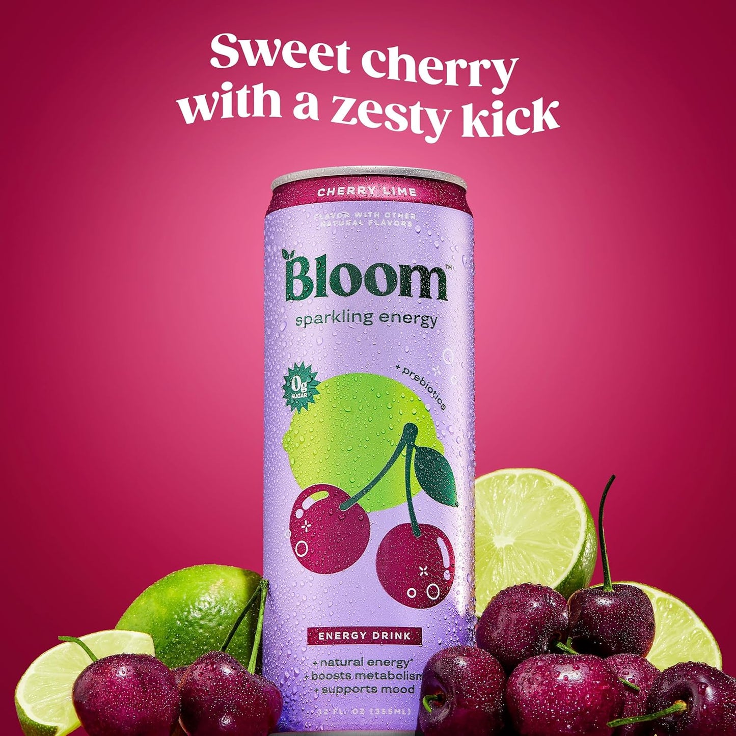 Bloom Nutrition Sparkling Energy Drink for Focus, Natural Caffeine, Zero Sugar, 180mg Caffeine, Antioxidant-Rich with Green Coffee Bean, Green Tea Extract, & Prebiotics, Cherry Lime 12oz 24 Pack