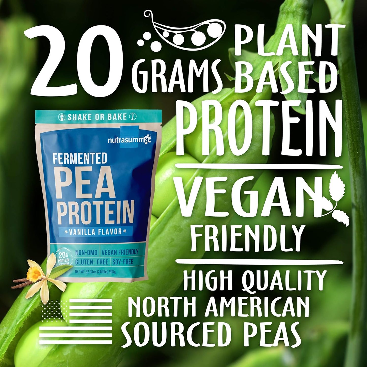 Pea Protein Powder, Vanilla Vegan Flavor, 100% Plant Based, No Artificial Sweeteners, Non-GMO, Gluten Free & Soy Free, 2 LB