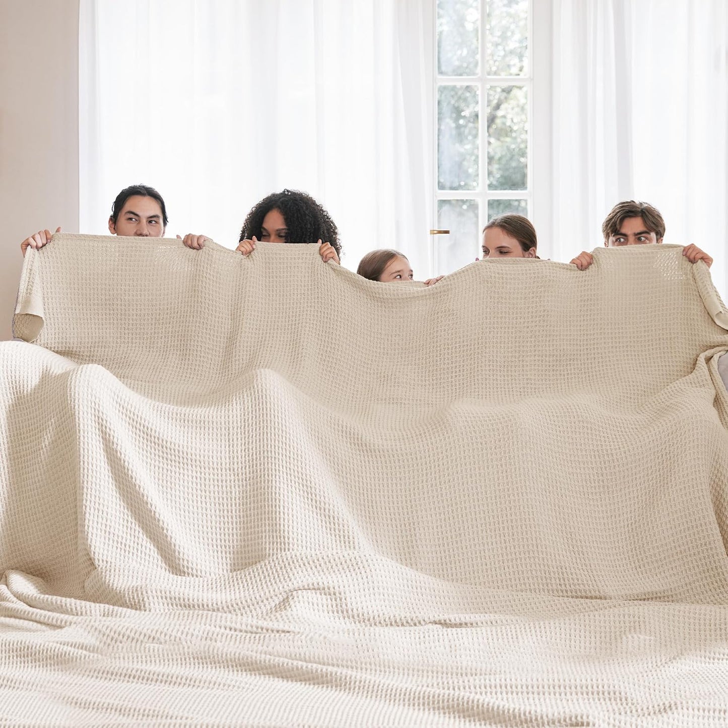 Bedsure 100% Cotton Large Blanket Oversized King for Bed - Breathable Thick Waffle Weave Blanket for Summer, Couch Cover, Khaki (a Little Bit Yellow), 120x94 inches