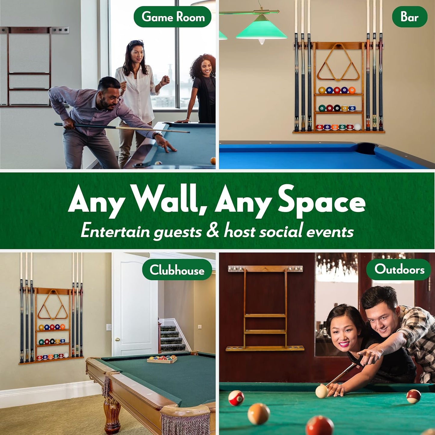 Iszy Billiards Pool Cue Rack - Billiard Pool Stick and Ball Holder Only - 100% Wood Wall Mount Holds 6 Cues and 16 Balls - Pool Table Accessories, Mahogany