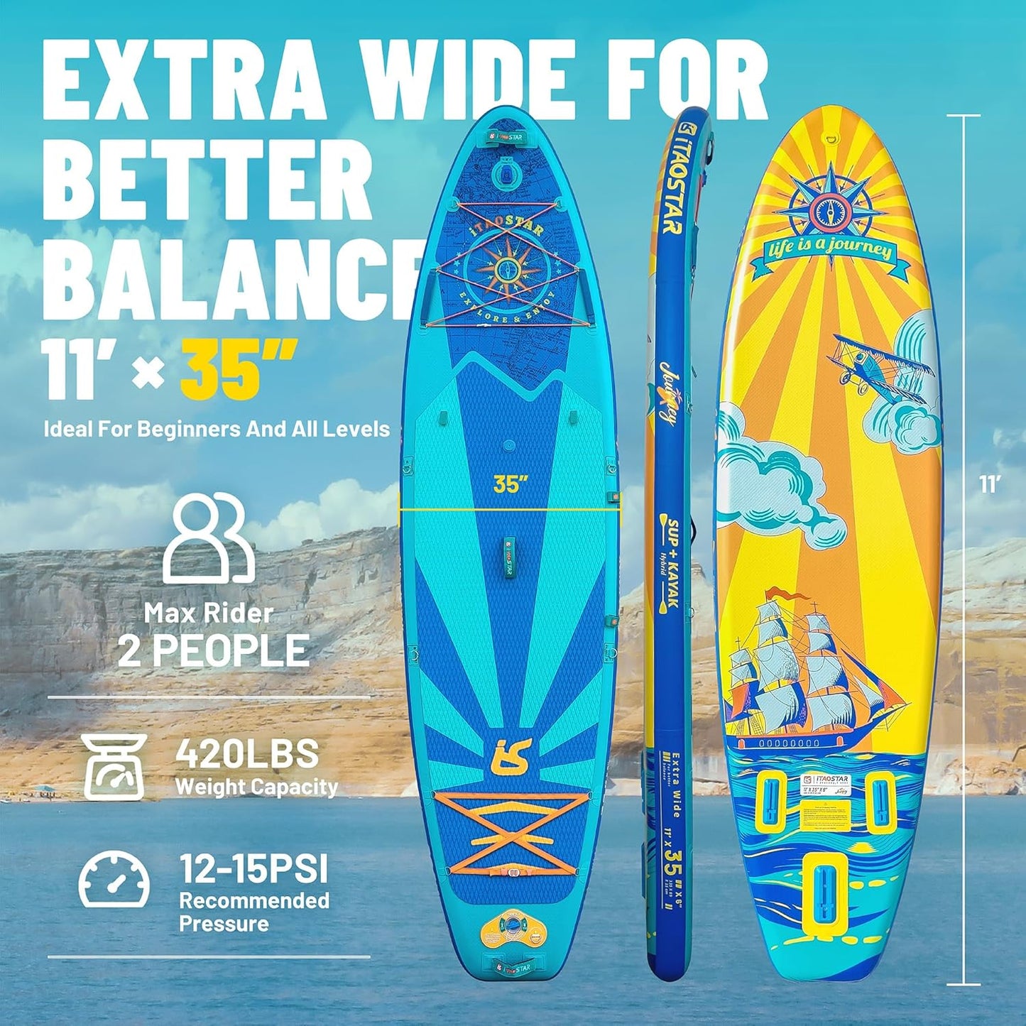 Journey 11'6" / 11'×34" / 11'×35" Extra Wide Paddle Board, One-Stop Premium SUP Board Accessories, Tailored Fins, Stable Inflatable Stand Up Paddle Boards for Youth/Adults of All Skill Levels