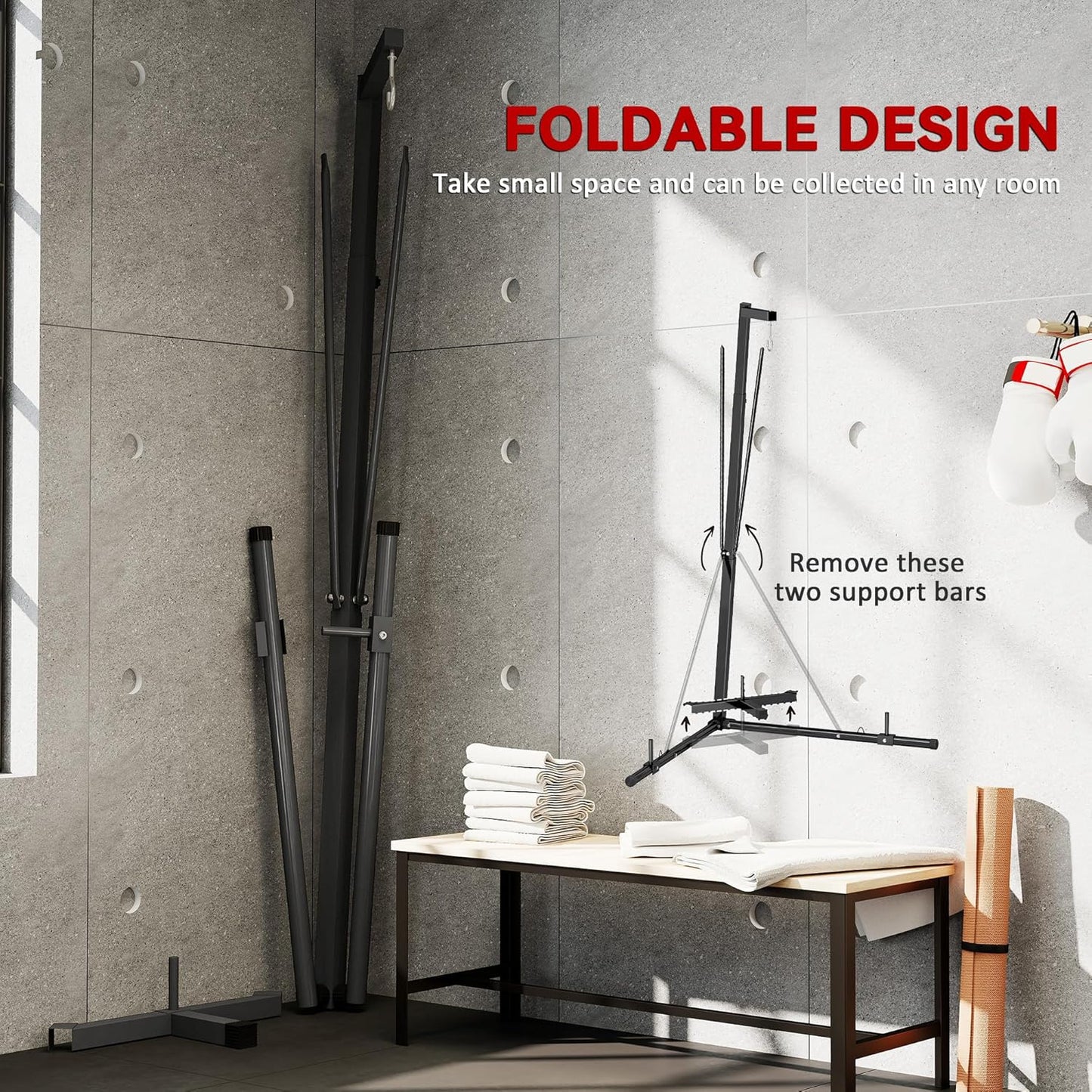 Soozier Foldable Punch Bag Stand, Height Adjustable Heavy Bag Stand with Weighted Base, Free Standing for Home Gym, Stand Only