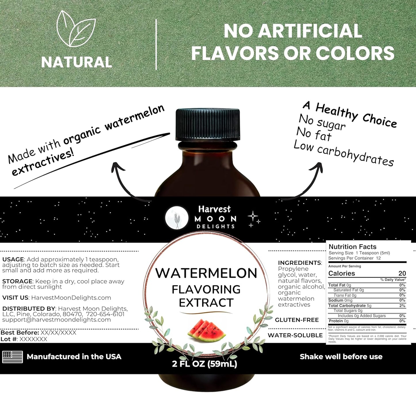 Natural Watermelon Extract - 2 oz - Water-Soluble - By Harvest Moon Delights - Watermelon Flavoring for Baking, Ice Cream, Drinks, and Candy - Sugar Free