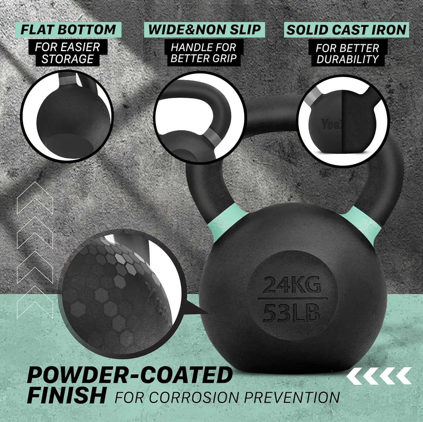 Yes4All Powder Coated Cast Iron Kettlebell Strength Training Kettlebells Weight Set for Full Body Workout, Home Gym