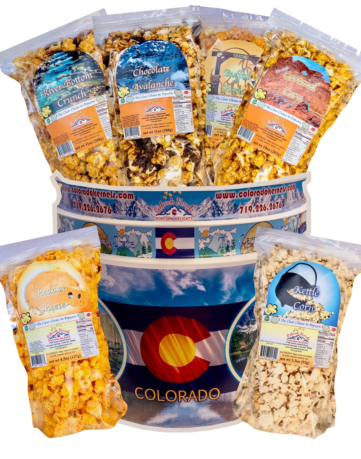 Popcorn by Colorado Kernels Popcorn Delights | 3.5 Gal CELEBRATE COLORADO MOUNTAINS Bucket | 6 lg resealable bags | Kettle Corn, Cheddar Cheese, Caramel Corn,Chocolate, Almonds/Pecans, Buffalo Ranch