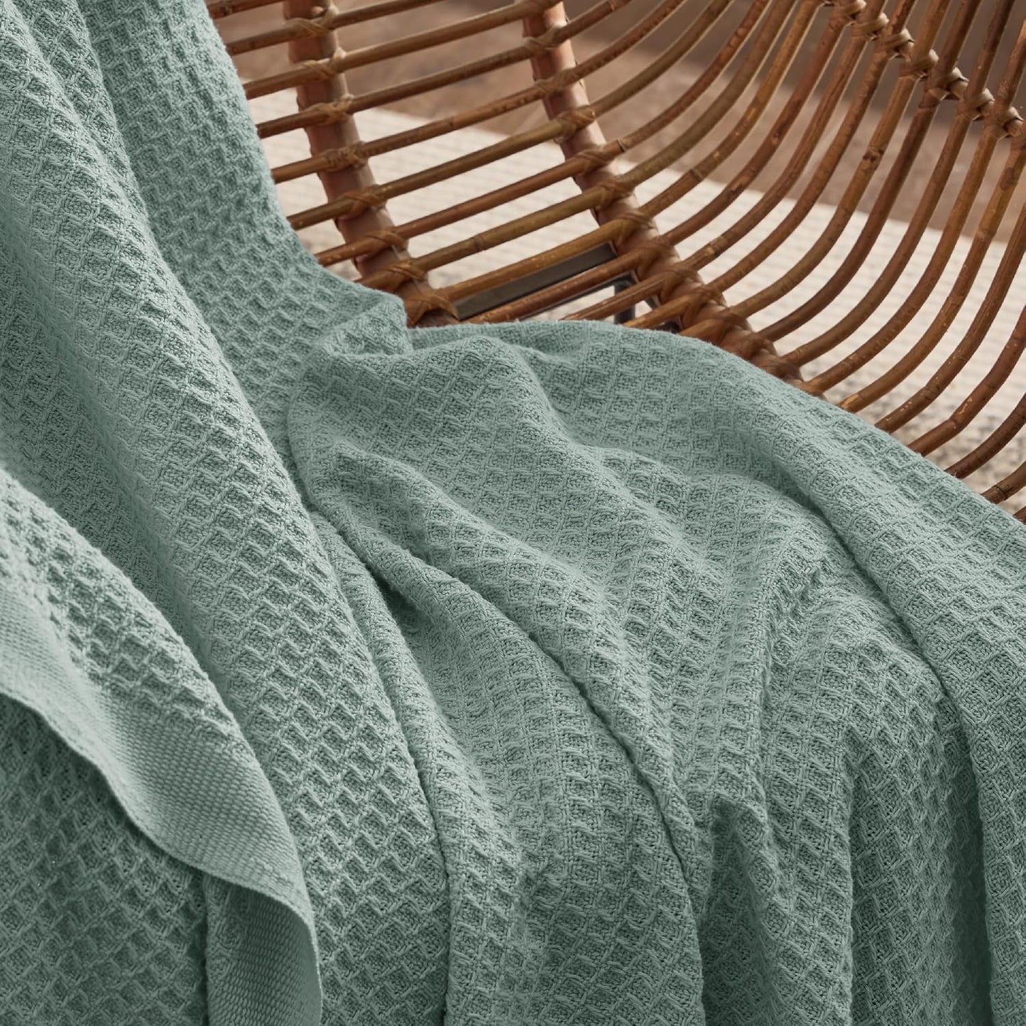 Bedsure 100% Cotton Blanket Queen Size for Bed - Breathable and Soft, Waffle Weave Blanket for Summer, Thick Cozy Fall Blankets for Women Gift, Sage Green, 90x90 Inches