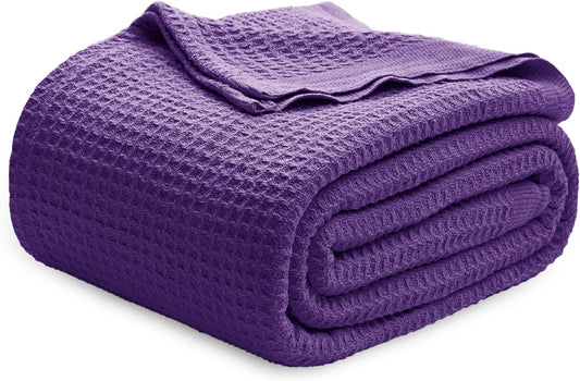 Bedsure 100% Cotton Blanket Queen Size for Bed - Breathable and Soft, Waffle Weave Blanket for Summer, Thick Cozy Fall Blankets for Women Gift, Purple, 90x90 Inches