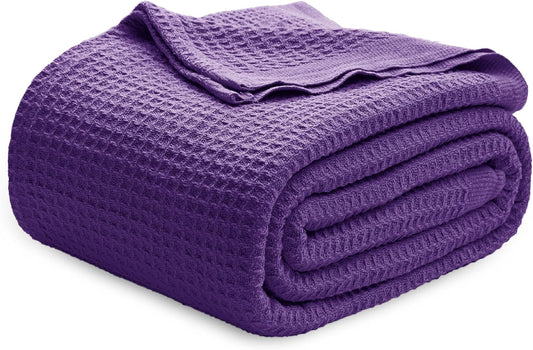 Bedsure 100% Cotton Blanket King Size for Bed - Breathable and Soft, Waffle Weave Blanket for Summer, Thick Cozy Fall Blankets for Women Gift, Purple, 104x90 inches