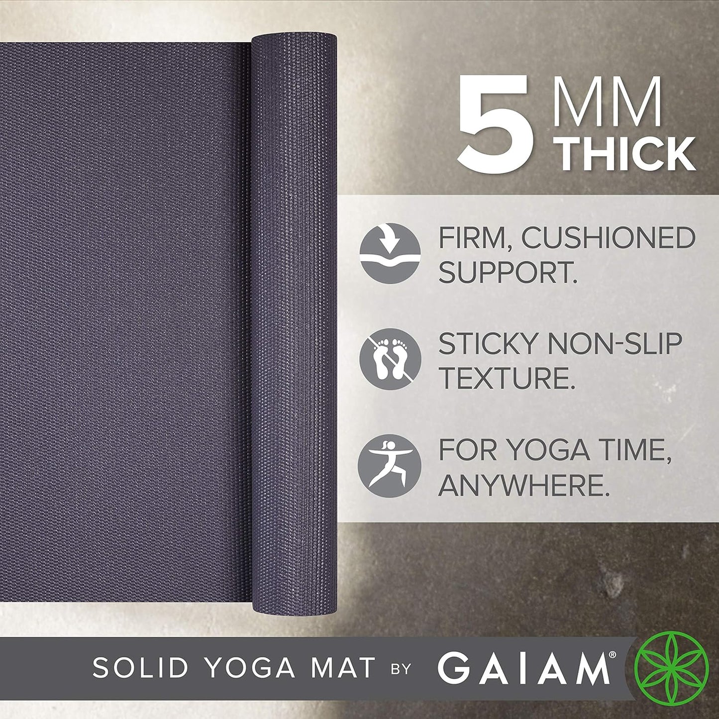 Gaiam Yoga Mat - Premium 5mm Solid Thick Non Slip Exercise & Fitness Mat for All Types of Yoga, Pilates & Floor Workouts (68" x 24" x 5mm)