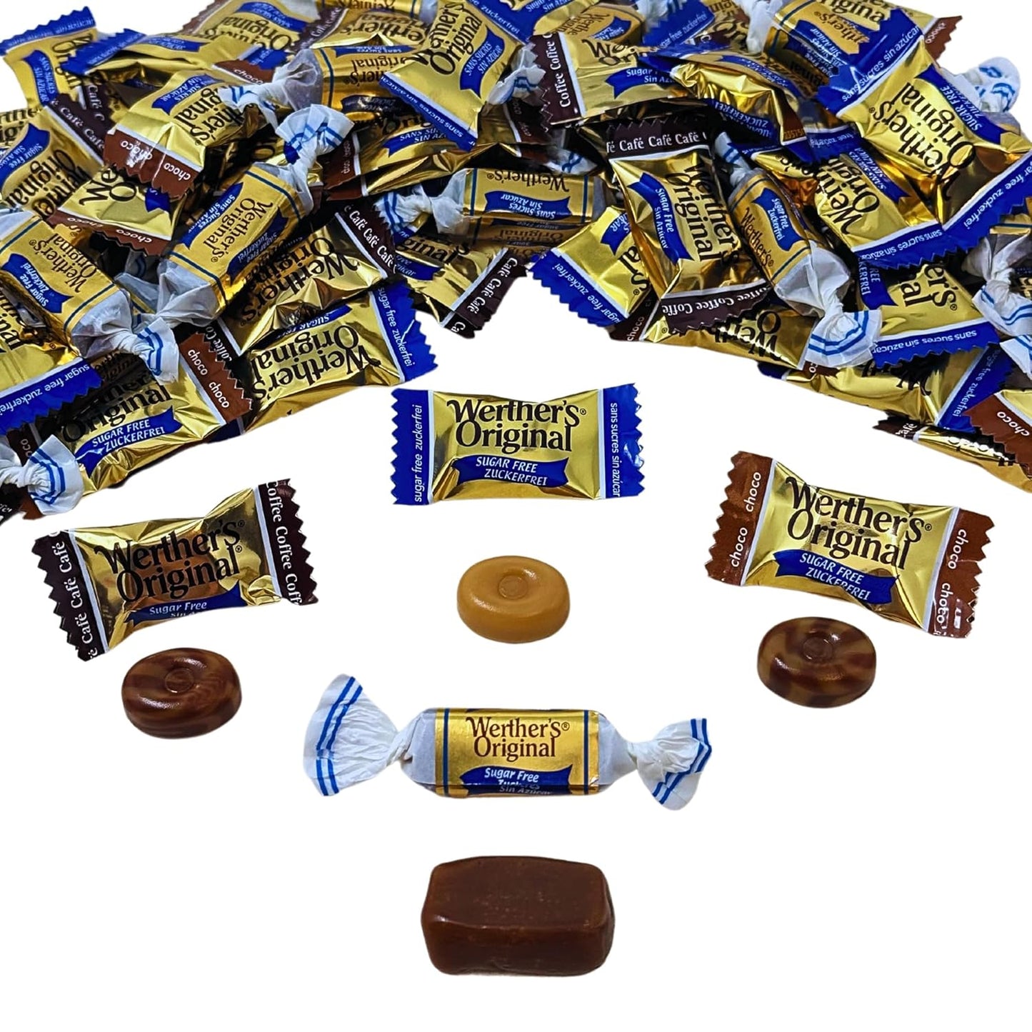 Werther's Original Premium Sugar Free Hard & Soft Chewy 4 Flavors Assortment 1-Lb Creamy Caramel, Rich Chocolate, Smooth Coffee Hard Candies And Soft Caramel Chews, Keto And Diabetic Friendly Individually Wrapped Variety Pack (16oz)