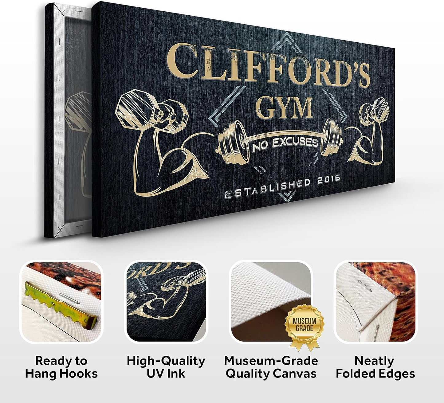 Tailored Canvases Personalized Gym Sign Wall Art Decor - Motivational Canvas for Home Gym, Workout Room, Garage, Fitness Center - Workout Inspirational Posters - Gym Name on Charcoal Background, 20x10in