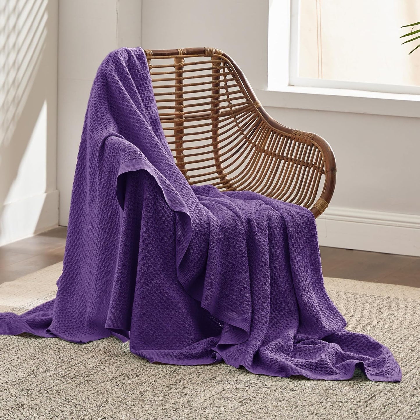 Bedsure 100% Cotton Blanket Twin XL Size for College Dorm - Breathable and Soft, Waffle Weave Twin Blanket for Summer, Dorm Room Essentials, Purple, 66x90 inches