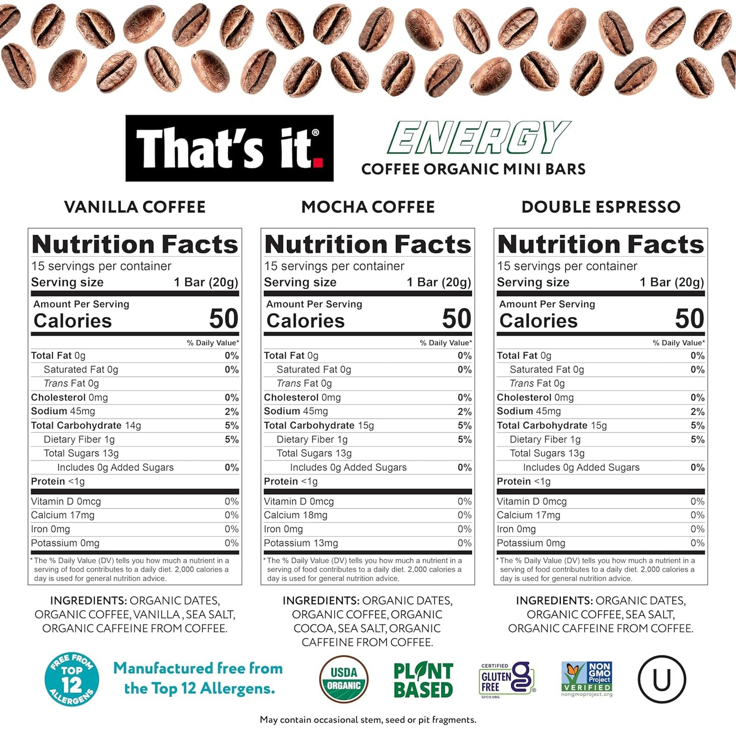 That’s it. Organic Energy Coffee Mini Bars - (6 each of Vanilla, Mocha, Double Espresso) Grab and Go, No Added Sugars, Non-GMO, Caffeine Power Snack, Kosher, Allergy Friendly (Variety - 18 Count)