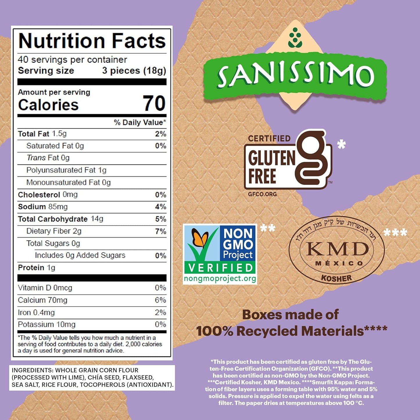 Sanissimo Salmas Chia & Flaxseed, 40 Packs of 3 Crackers, Oven Baked Corn Crackers, Gluten Free, Non-GMO, Kosher Certified
