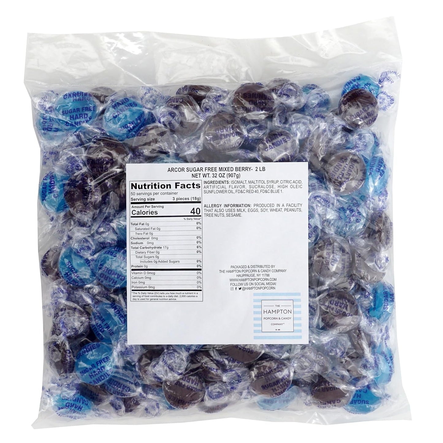 Arcor Sugar Free Mixed Berry Hard Candy, 2 Pound Bulk Bag (Approx. 140 Pieces), Individually Wrapped Hard Candy, The Hampton Popcorn & Candy Company